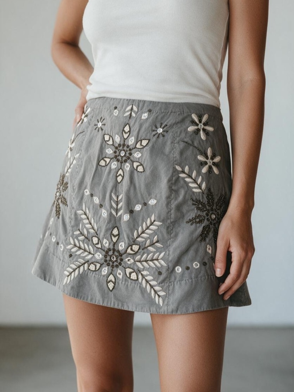 Free People Grey Embroidered Floral Mini Skirt
